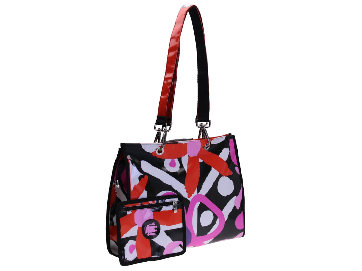 MULTICOLOR SHOPPER BAG WITH ABSTRACT FANTASY. MODEL PEPE MADE OF LORRY TARPAULIN.