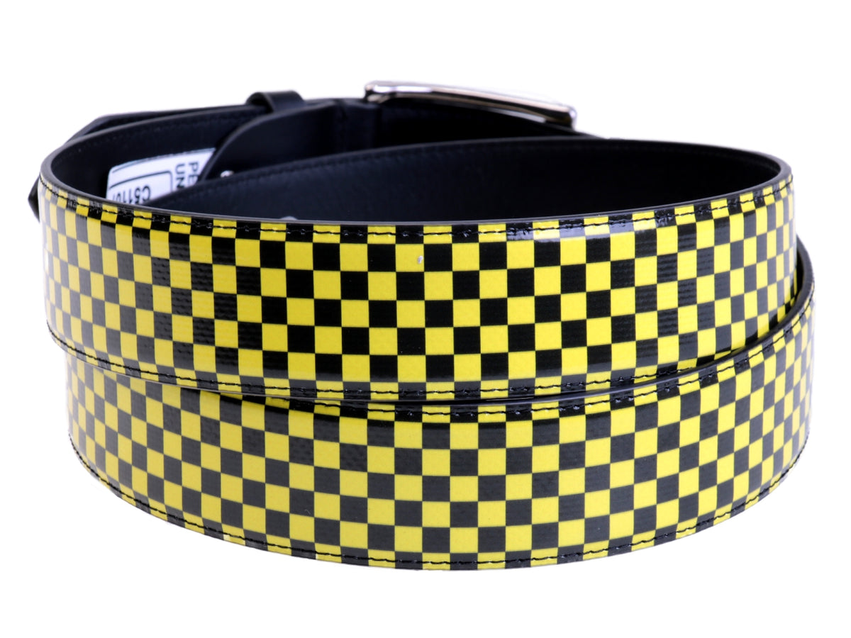 BLACK AND YELLOW MEN&#39;S BELT WITH CHESS FANTASY MADE OF LORRY TARPAULIN.