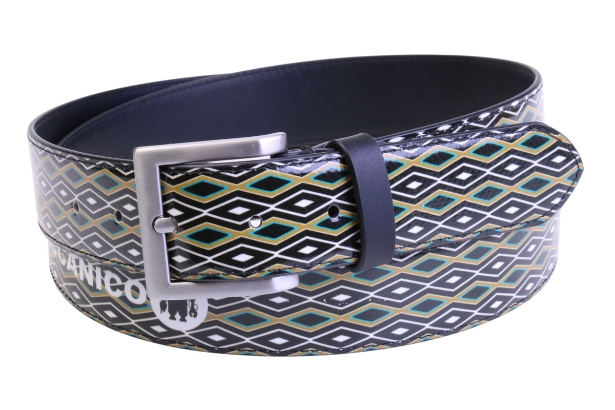 MEN&#39;S BELT BLACK, BEIGE AND WHITE WITH GEOMETRIC FANTASY MADE OF LORRY TARPAULIN.