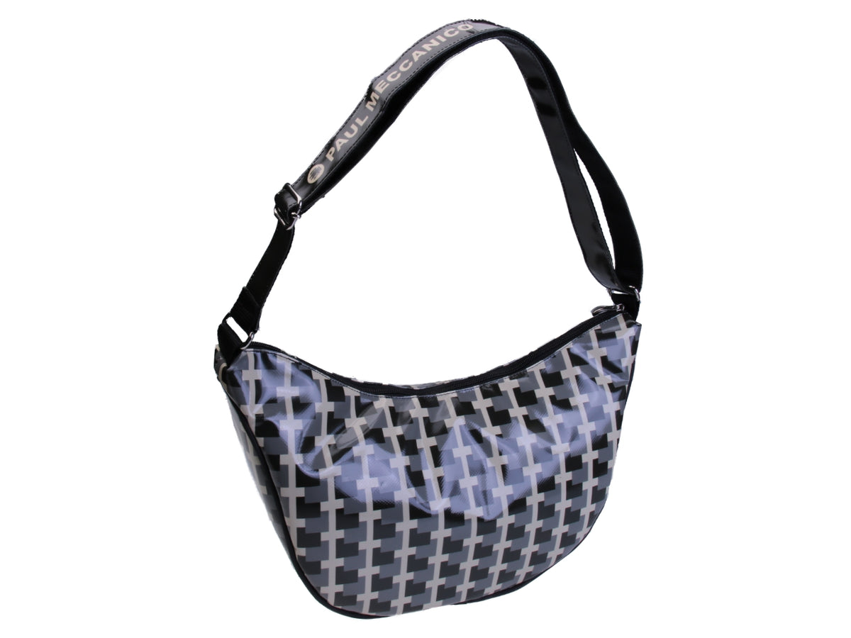 CRESCENT BAG BLACK, GREY AND BEIGE WITH GEOMETRIC FANTASY. MODEL SPLIT MADE OF LORRY TARPAULIN.