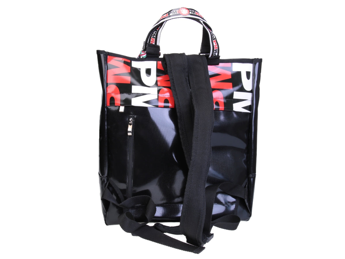 2 IN 1 BRIEFCASE AND BACKPACK BLACK AND WHITE. MODEL HYBRID MADE OF LORRY TARPAULIN.