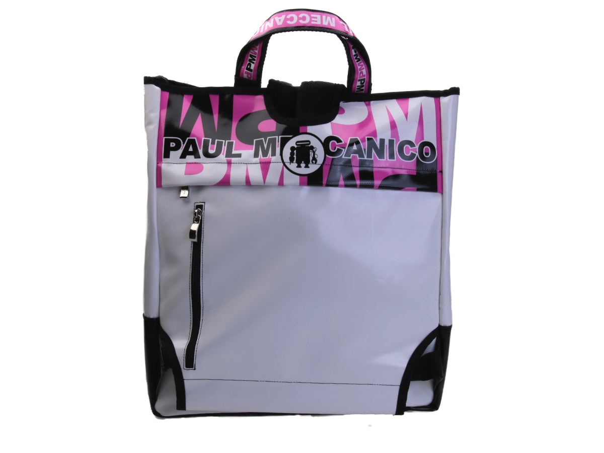 2 IN 1 BRIEFCASE AND BACKPACK WHITE WITH FUXIA AND BLACK. MODEL HYBRID MADE OF LORRY TARPAULIN.