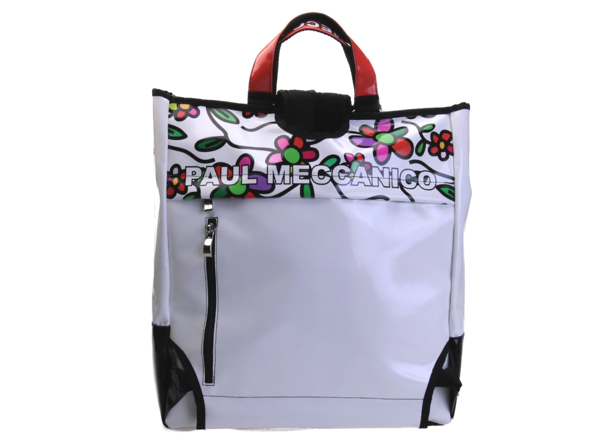 2 IN 1 BRIEFCASE AND BACKPACK WHITE WITH FLORAL FANTASY. MODEL HYBRID MADE OF LORRY TARPAULIN.