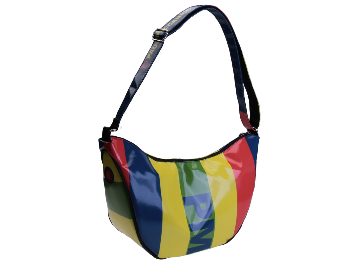 MULTICOLOR CRESCENT BAG WITH STRIPED PATTERN. MODEL SPLIT MADE OF LORRY TARPAULIN.