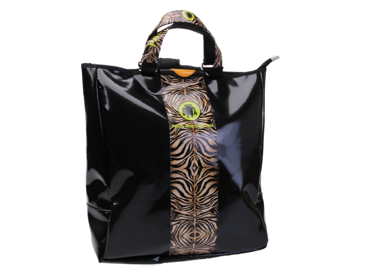 2 IN 1 BRIEFCASE AND BACKPACK IN BLACK COLOUR WITH ANIMALIER FANTASY. MODEL HYBRID MADE OF LORRY TARPAULIN.