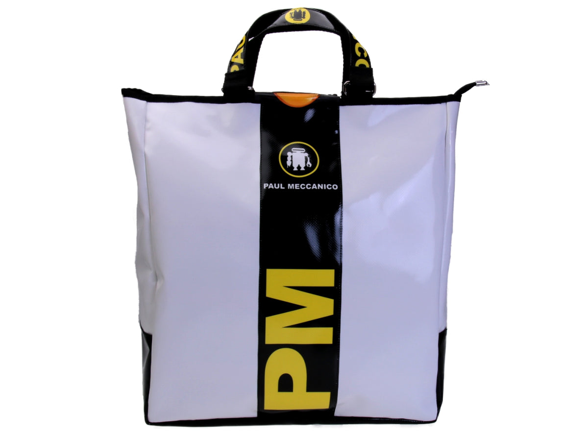 2 IN 1 BRIEFCASE AND BACKPACK IN BLACK WHITE YELLOW. MODEL HYBRID MADE OF LORRY TARPAULIN.