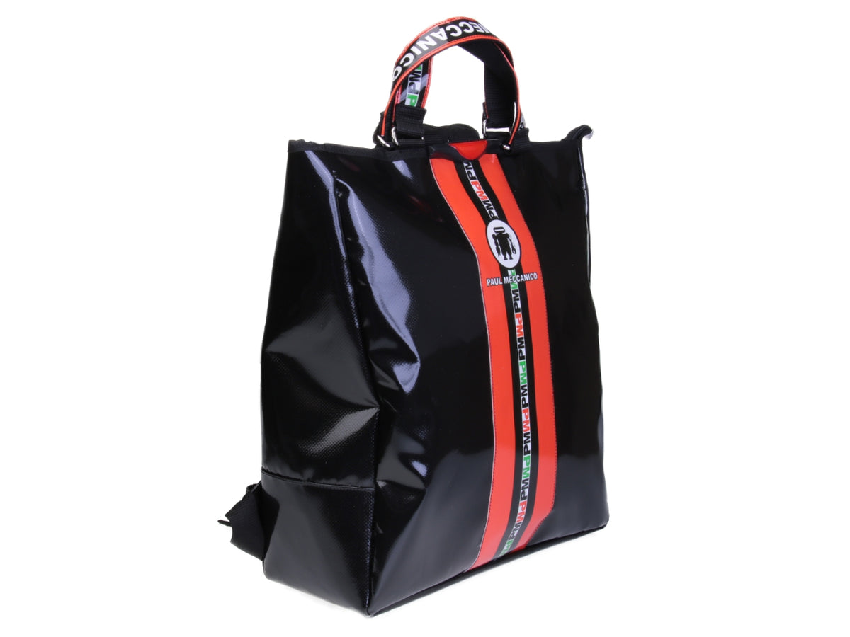 2 IN 1 BRIEFCASE AND BACKPACK IN BLACK AND RED. MODEL HYBRID MADE OF LORRY TARPAULIN.