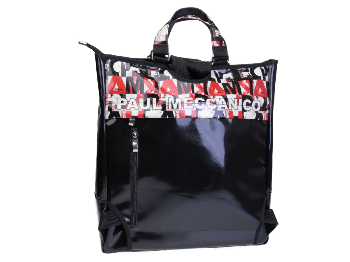 2 IN 1 BRIEFCASE AND BACKPACK BLACK WITH COLOURED LETTER FANTASY. MODEL HYBRID MADE OF LORRY TARPAULIN.