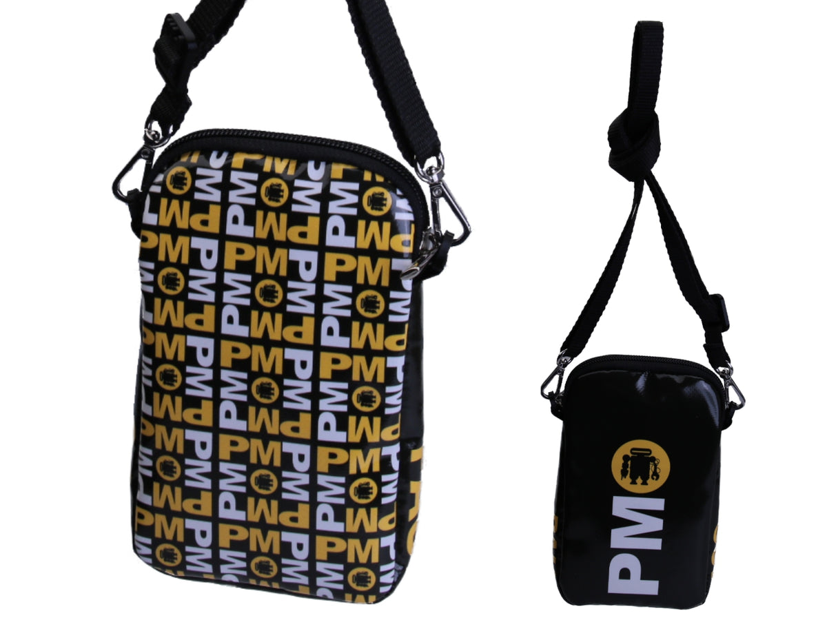 MOBILE PHONE BAG BLACK FOREST, YELLOW AND WHITE COLOURS FANTASY LETTERING.