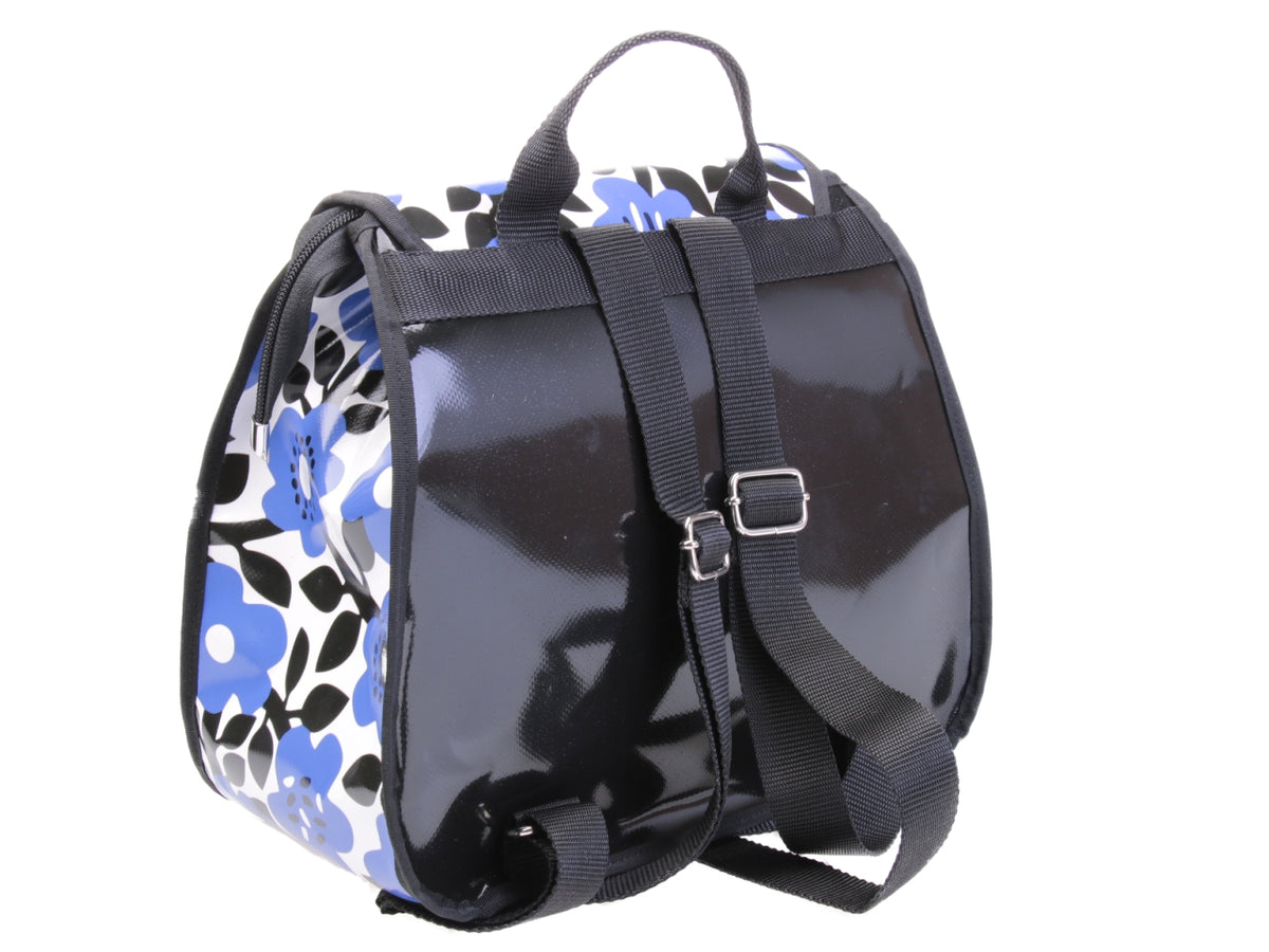 WOMEN&#39;S &quot;BACK BAG&quot; WHITE, BLACK AND LIGHT BLUE WITH FLORAL FANTASY. MODEL PULP MADE OF LORRY TARPAULIN.