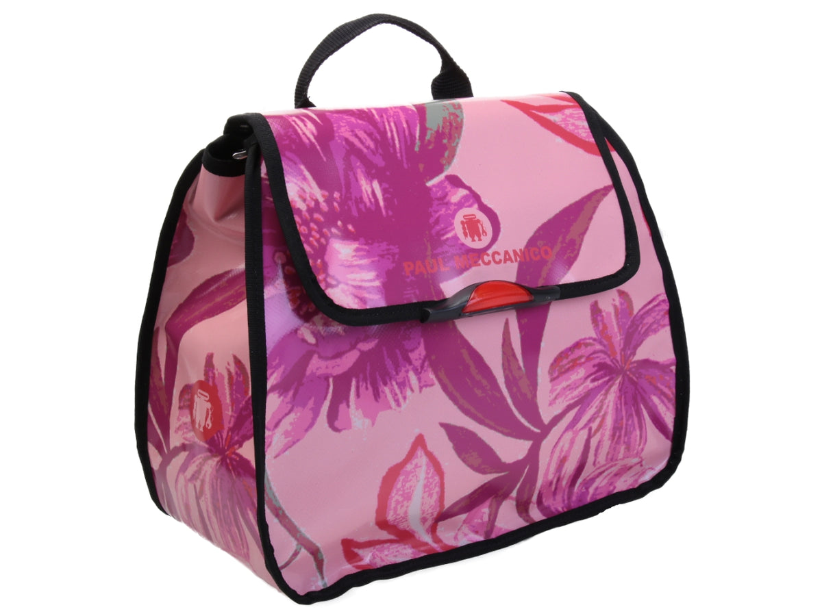 PINK WOMEN&#39;S &quot;BACK BAG&quot; WITH FLORAL FANTASY. MODEL PULP MADE OF LORRY TARPAULIN.