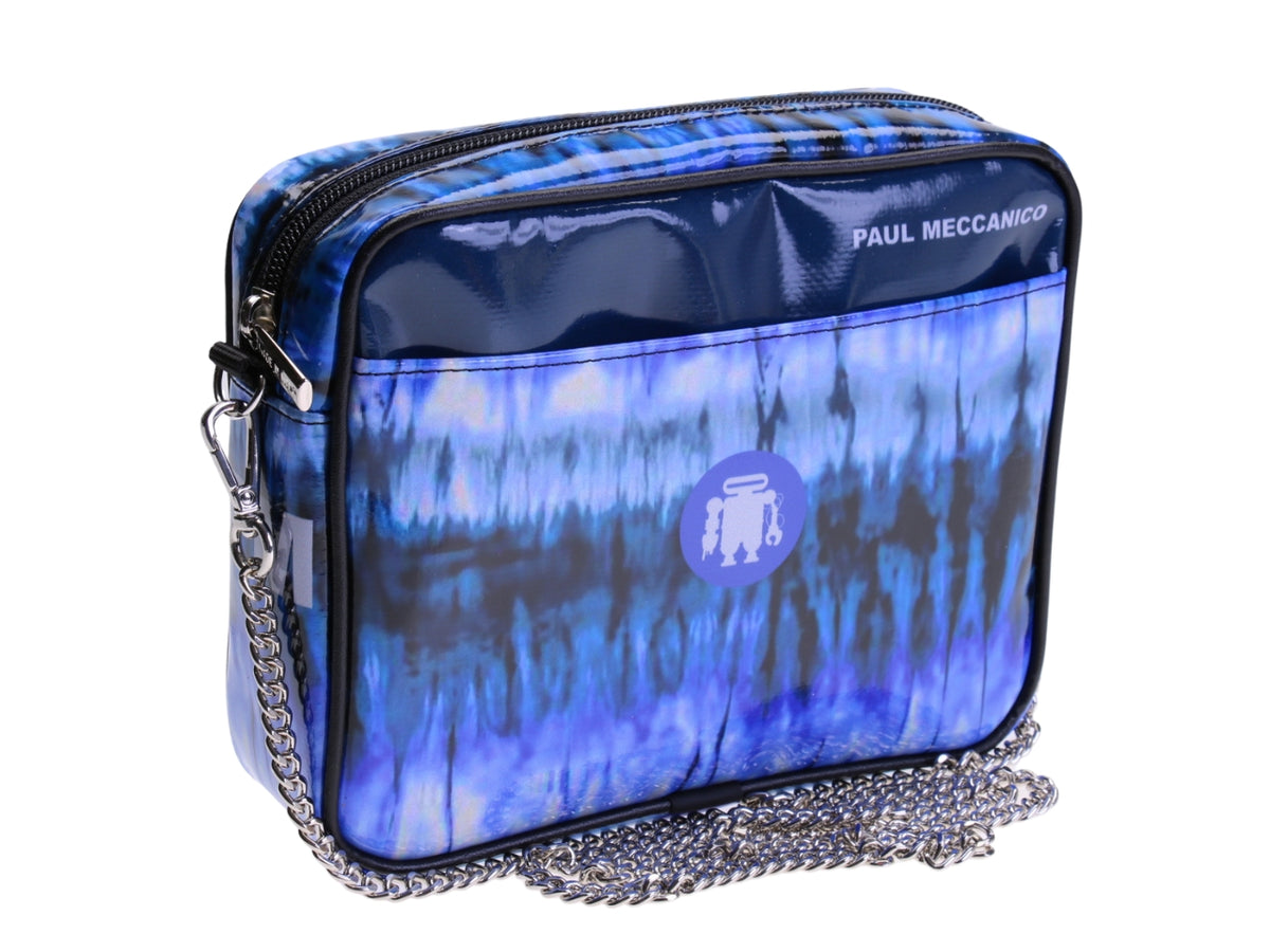 ..BLUE CLUTCH BAG WITH TIE DYE FANTASY. PARK MODEL MADE OF LORRY TARPAULIN.