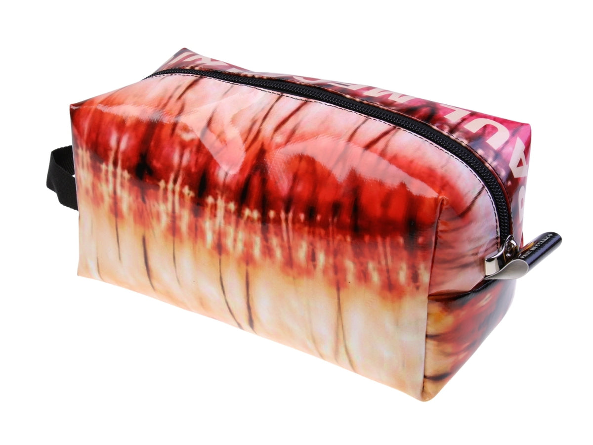 ...RED AND BEIGE BEAUTY CASE WITH TIE DYE FANTASY.