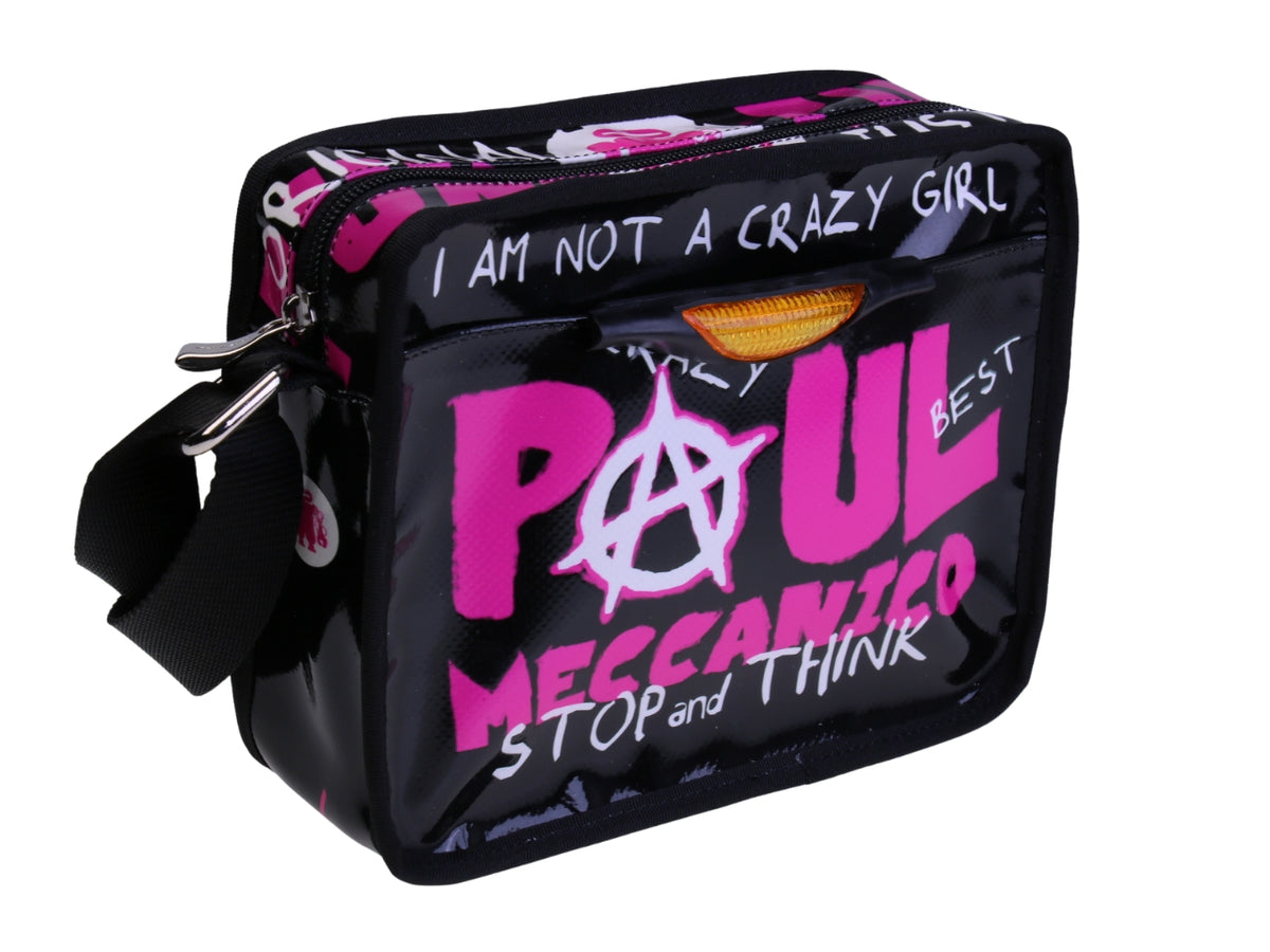 ..BLACK SHOULDER BAG &quot;&quot;I AM NOT A CRAZY GIRL&quot;. MODEL FRIK MADE OF LORRY TARPAULIN.