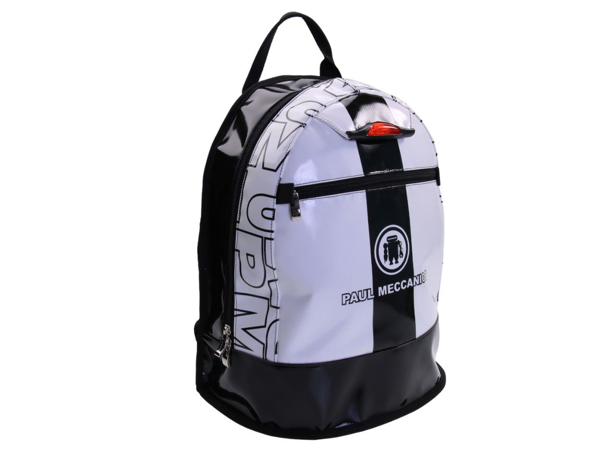 BLACK AND WHITE BACKPACK . MODEL SUPER MADE OF LORRY TARPAULIN.