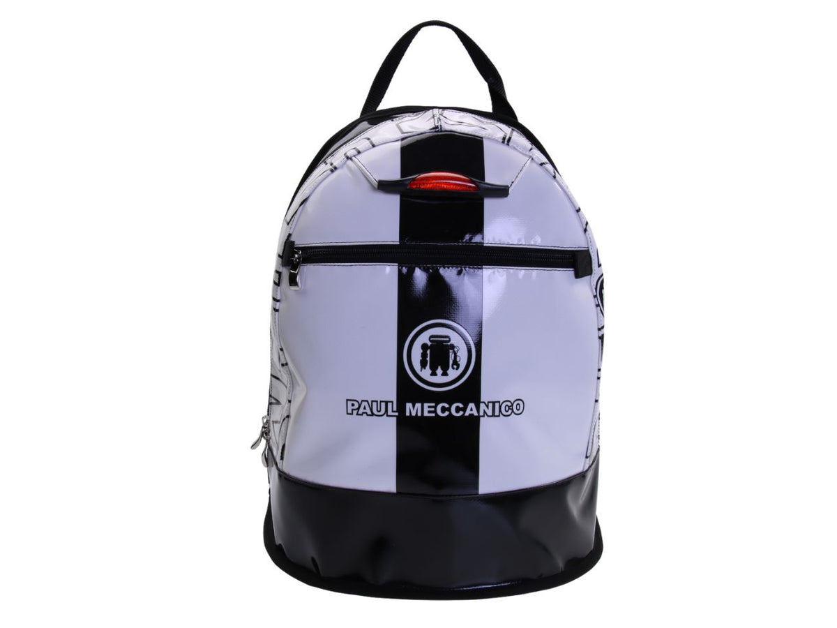 BLACK AND WHITE BACKPACK . MODEL SUPER MADE OF LORRY TARPAULIN.