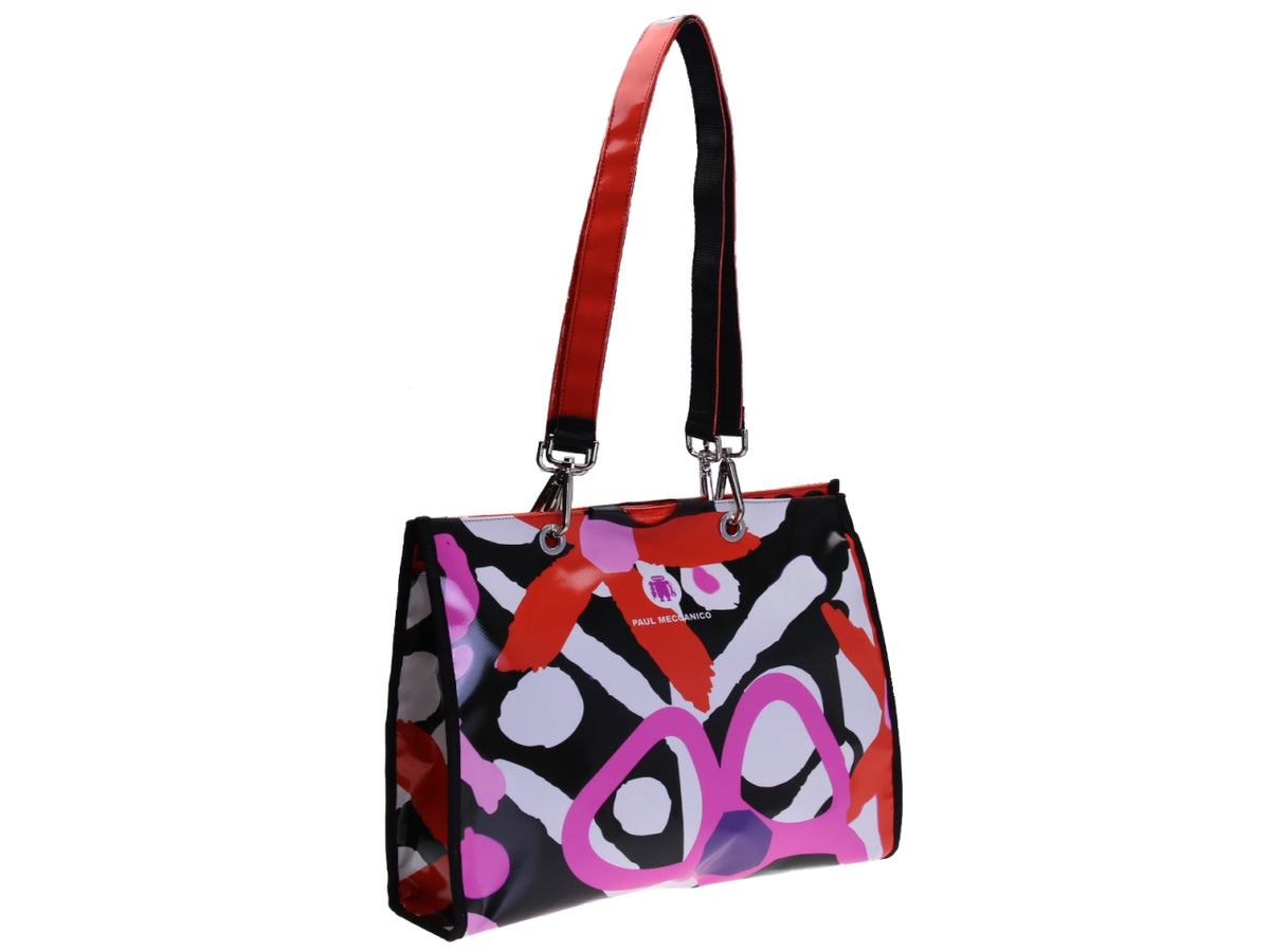 ...MULTICOLOR SHOPPER BAG WITH ABSTRACT FANTASY. MODEL PEPE MADE OF LORRY TARPAULIN.