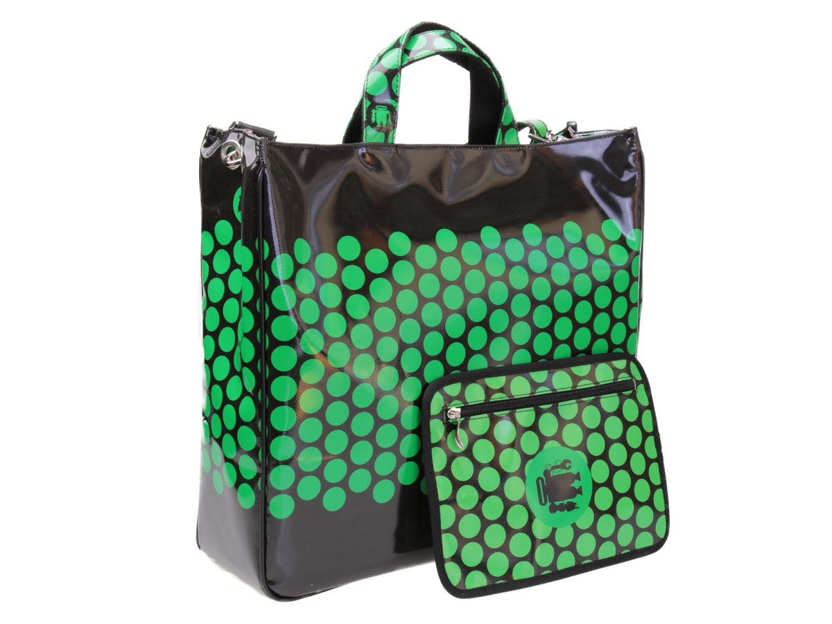 BLACK AND GREEN MAXI TOTE BAG WITH POIS FANTASY. MODEL AIRSTONE MADE OF LORRY TARPAULIN.