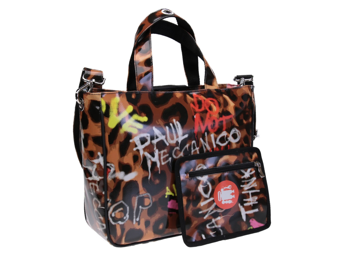 BORSA DONNA MARRONE FANTASIA MURALES. MODELLO GLAM IN TELONE CAMION.