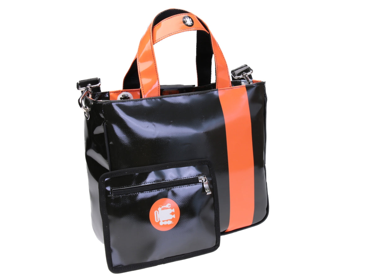TOTE BAG BLACK FOREST AND ORANGE. MODEL GLAM MADE OF LORRY TARPAULIN.