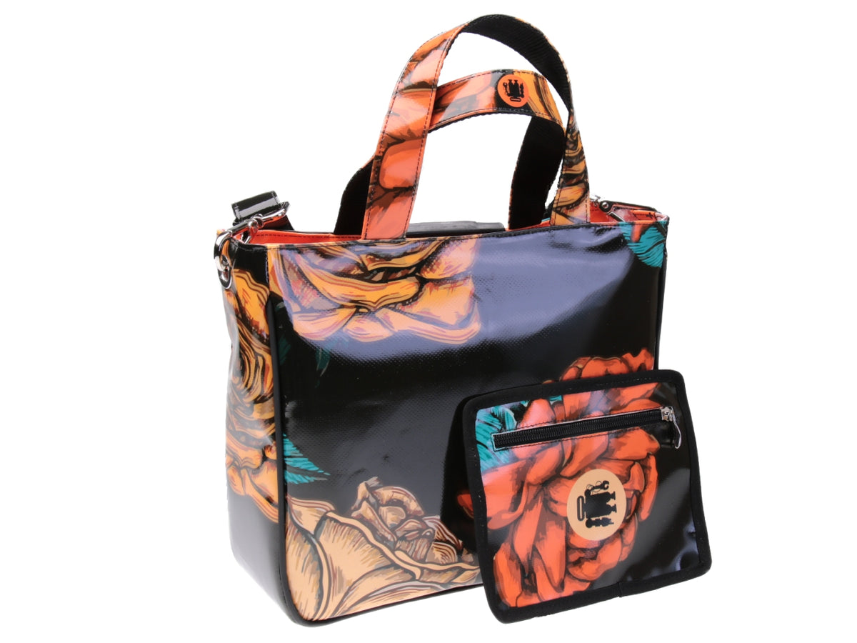 BLACK AND ORANGE TOTE BAG &quot;ROSE&quot;. MODEL GLAM MADE OF LORRY TARPAULIN.