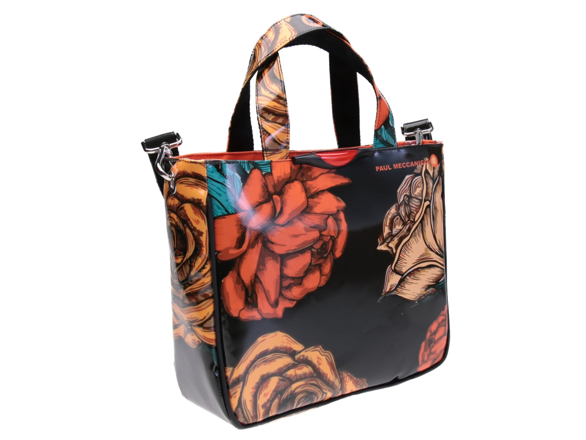 BLACK AND ORANGE TOTE BAG &quot;ROSE&quot;. MODEL GLAM MADE OF LORRY TARPAULIN.