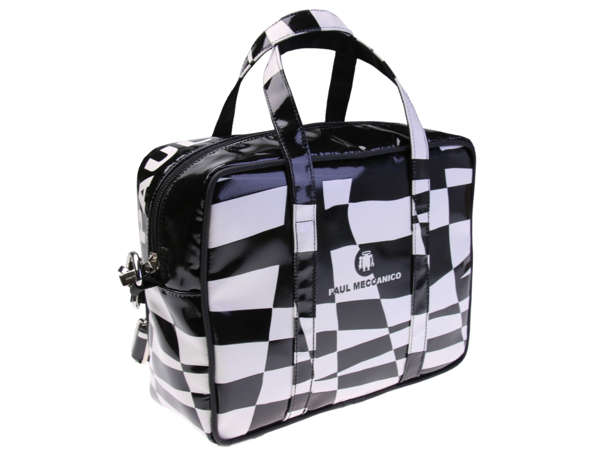 ....BLACK AND WHITE RECTANGULAR WOMEN&#39;S BAG. MODEL PINCA MADE OF LORRY TARPAULIN.