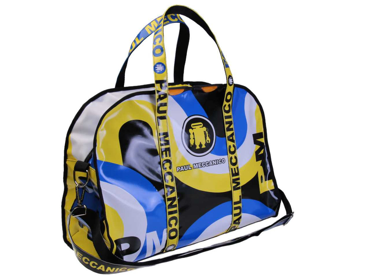 LARGE TRAVEL OR SPORTS BAG YELLOW, LIGHT BLUE AND BLACK COLOURS. MODEL RAID MADE OF LORRY TARPAULIN.