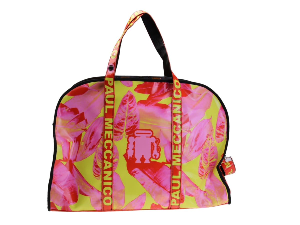 ...PINK AND YELLOW LARGE TRAVEL OR SPORTS BAG WITH FLORAL FANTASY. MODEL RAID MADE OF LORRY TARPAULIN.