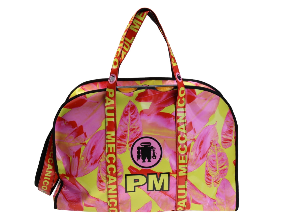 ...PINK AND YELLOW LARGE TRAVEL OR SPORTS BAG WITH FLORAL FANTASY. MODEL RAID MADE OF LORRY TARPAULIN.