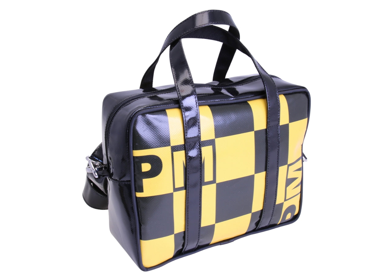 _ BLACK AND YELLOW RECTANGULAR WOMEN&#39;S BAG WITH CHESS FANTASY. MODEL PINCA MADE OF LORRY TARPAULIN.