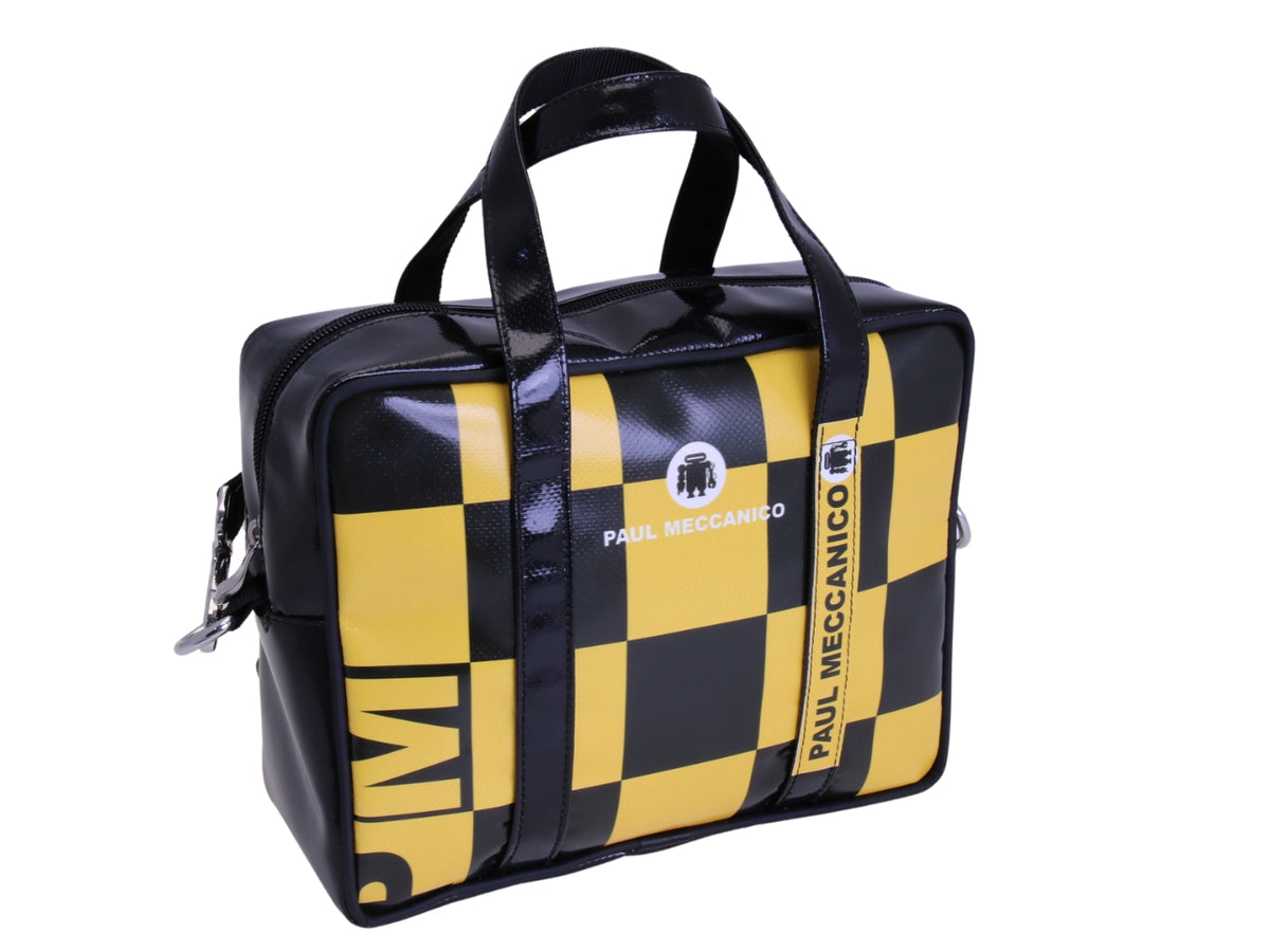 _ BLACK AND YELLOW RECTANGULAR WOMEN&#39;S BAG WITH CHESS FANTASY. MODEL PINCA MADE OF LORRY TARPAULIN.