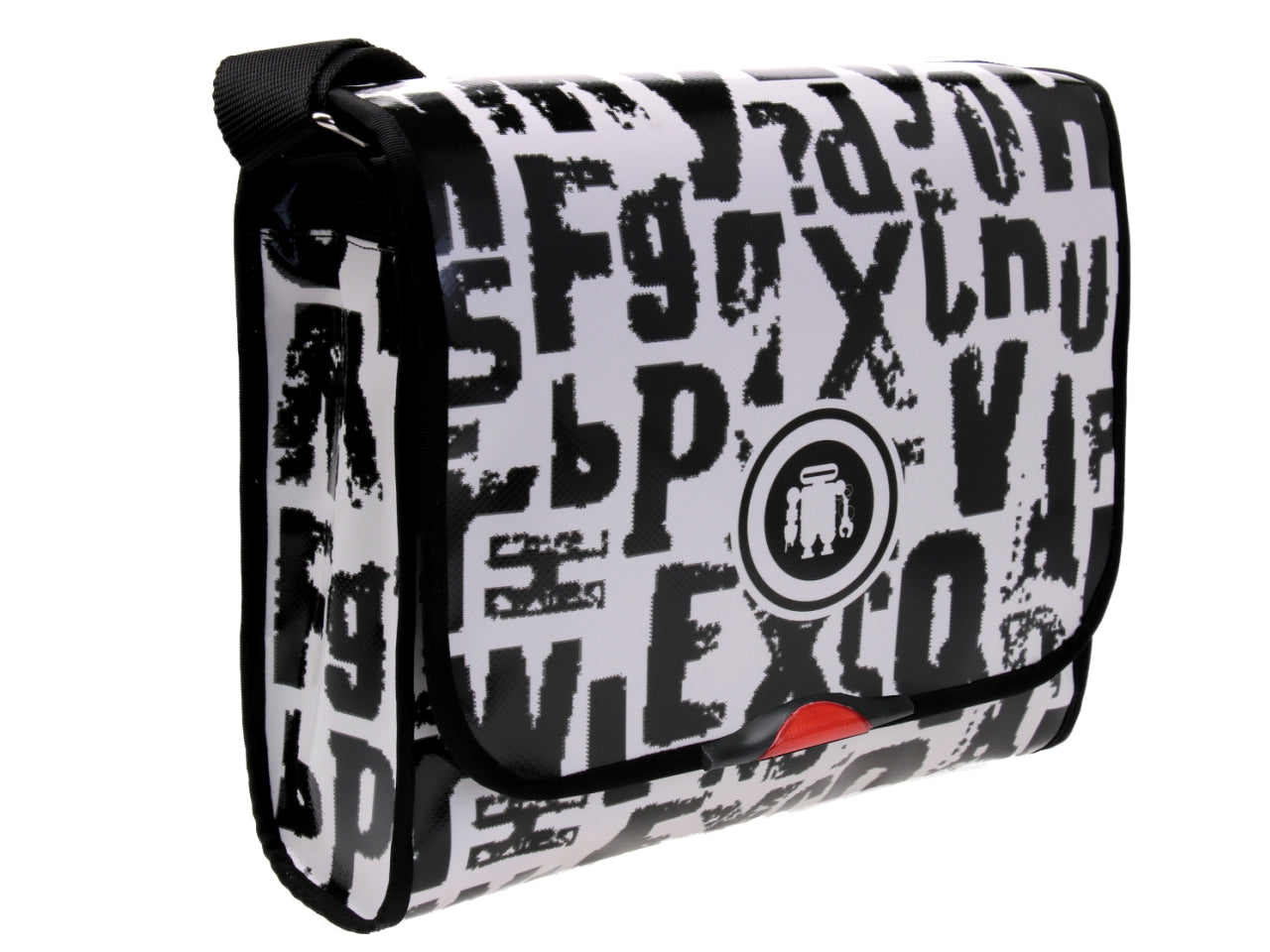 BLACK AND WHITE CROSSBODY BAG WITH LETTER FANTASY. MODEL BREAK MADE OF LORRY TARPAULIN