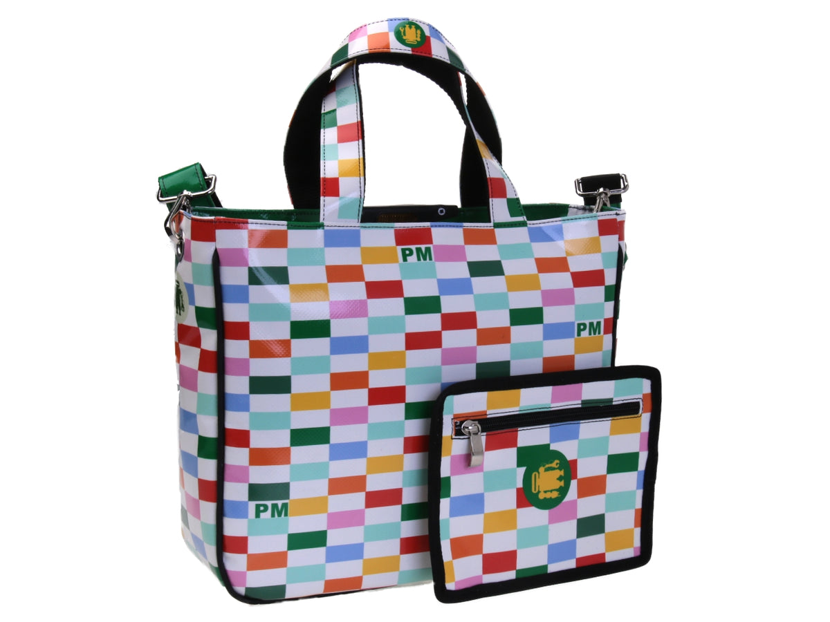 MULTICOLOR TOTE BAG WITH GEOMETRIC FANTASY. MODEL GLAM MADE OF LORRY TARPAULIN.