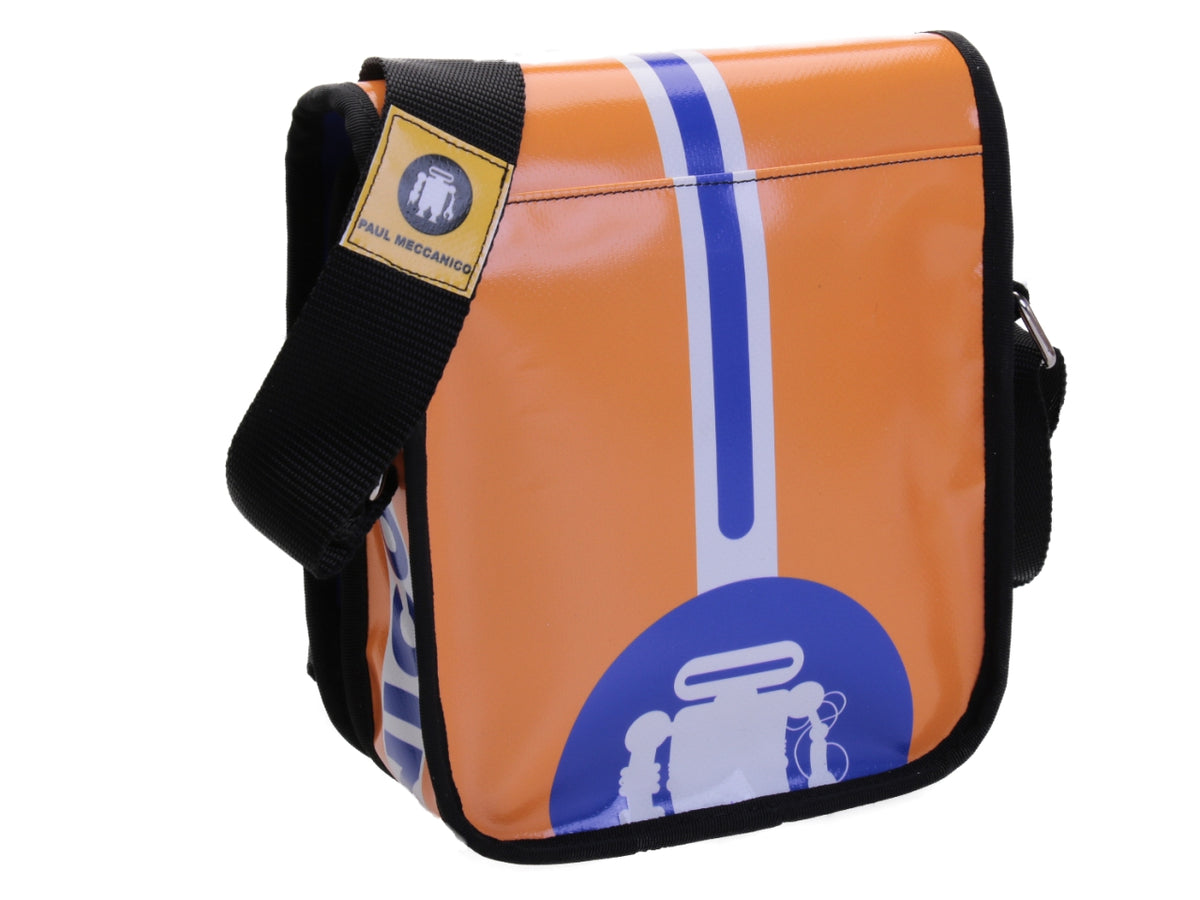 ORANGE AND VIOLET CROSSBODY BAG. MODEL MIPOK MADE OF LORRY TARPAULIN.