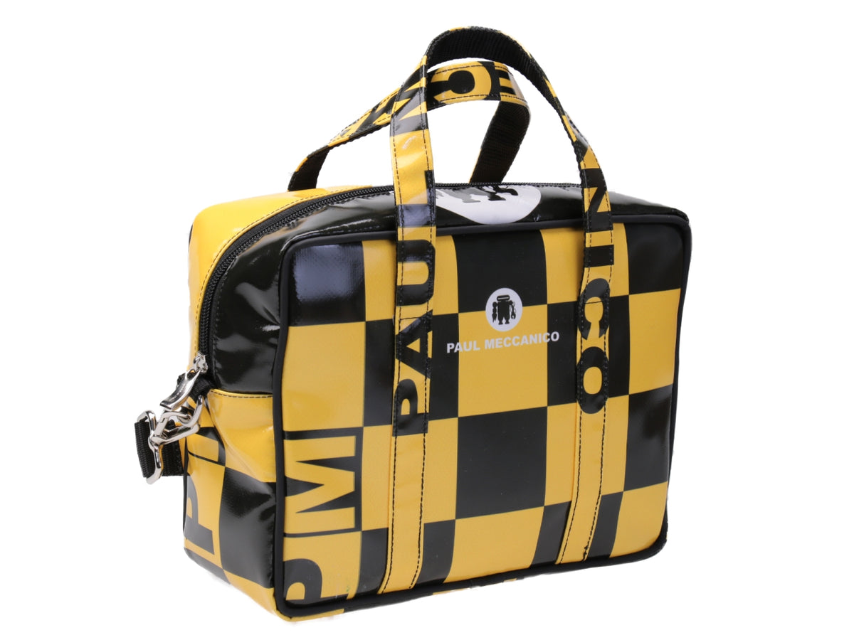 BORSA BAULETTO RETTANGOLARE DA DONNA NERO SELVA E GIALLO FANTASIA SCACCHI. MODELLO PINCA REALIZZATO IN TELONE CAMION.