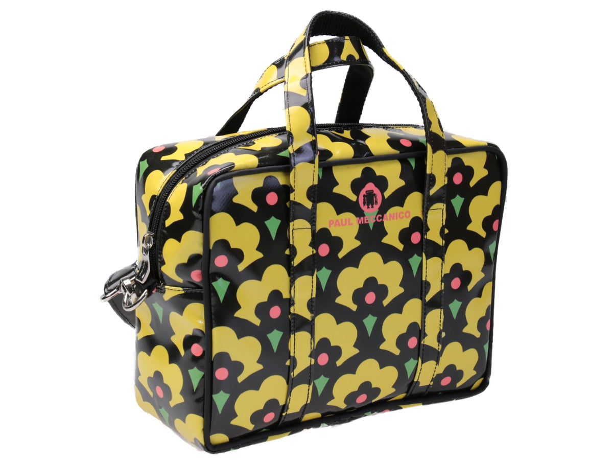 YELLOW RECTANGULAR WOMEN&#39;S BAG FLORAL FANTASY. MODEL PINCA MADE OF LORRY TARPAULIN.