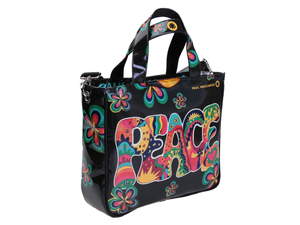 BORSA DONNA FANTASIA FLOREALE &quot;PEACE&quot;. MODELLO GLAM IN TELONE CAMION.