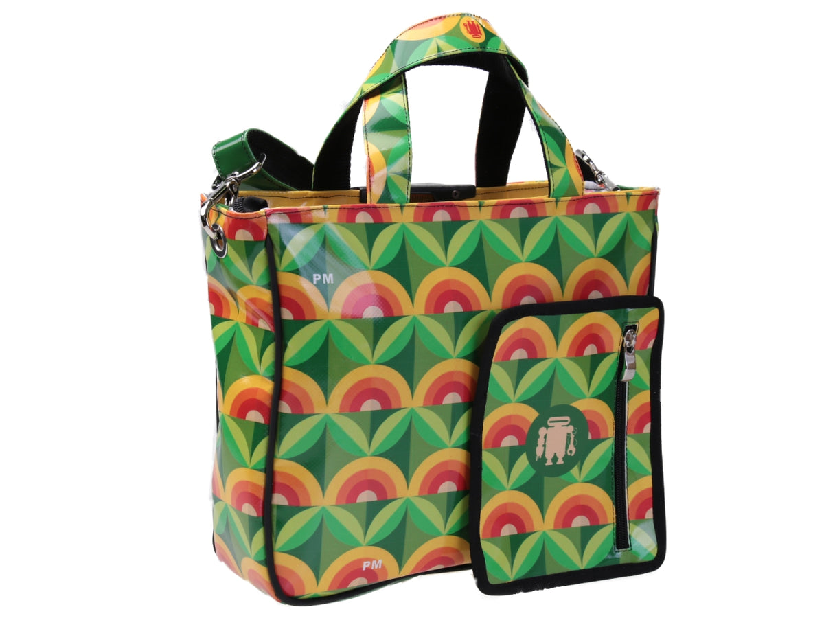 BORSA DONNA FANTASIA GEOMETRICA VERDE E ARANCIONE. MODELLO GLAM IN TELONE CAMION.