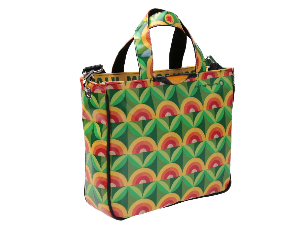 TOTE BAG GREEN AND ORANGE GEOMETRIC FANTASY. MODEL GLAM MADE OF LORRY TARPAULIN.