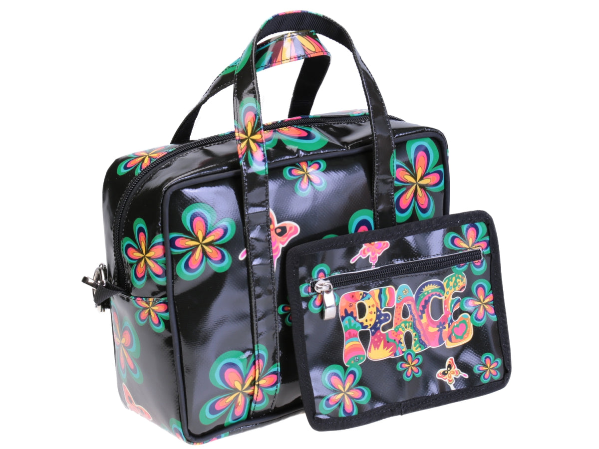 BORSA BAULETTO RETTANGOLARE DA DONNA NERA &quot;PEACE&quot;. MODELLO PINCA REALIZZATO IN TELONE CAMION.