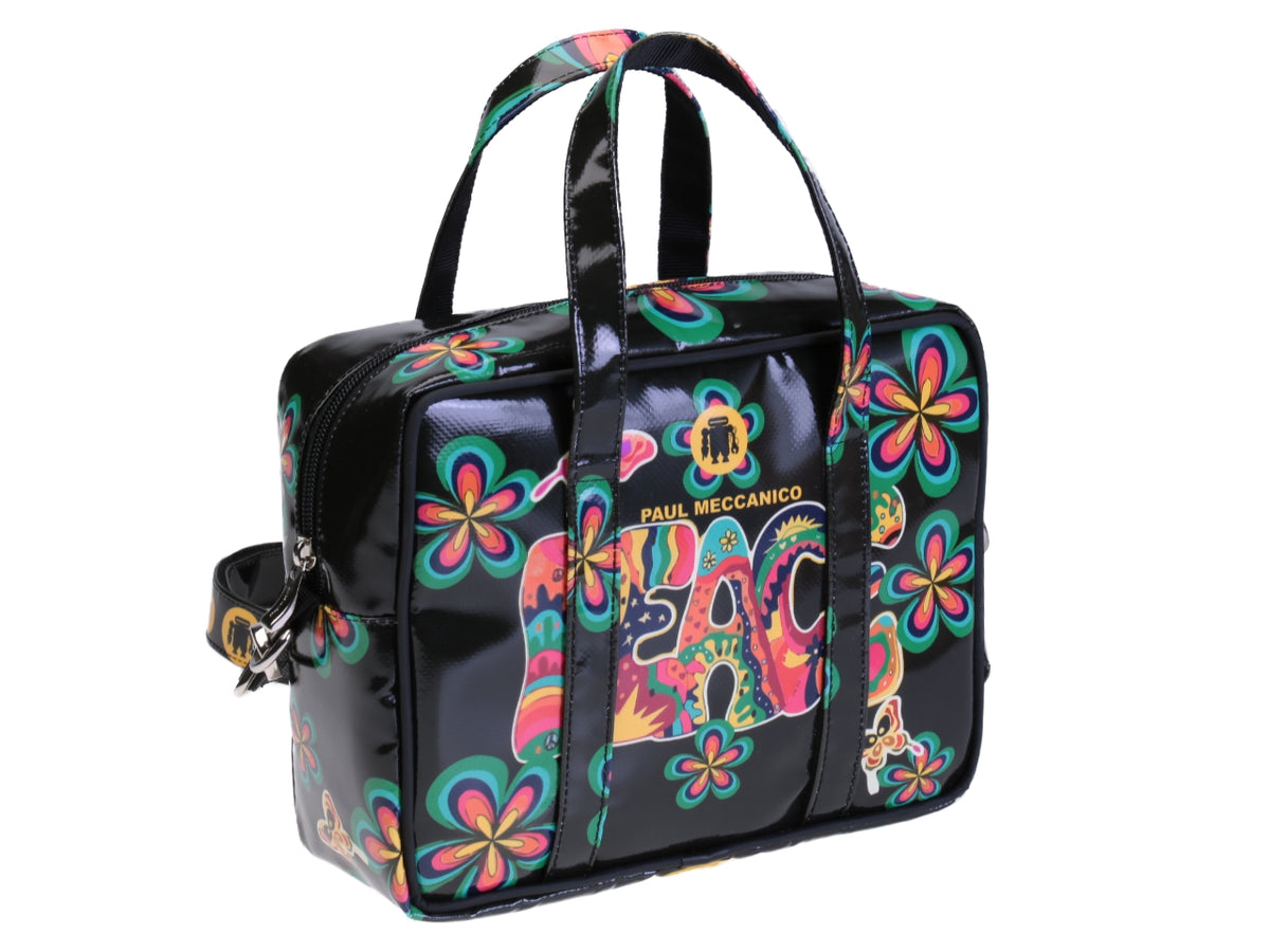 BORSA BAULETTO RETTANGOLARE DA DONNA NERA &quot;PEACE&quot;. MODELLO PINCA REALIZZATO IN TELONE CAMION.