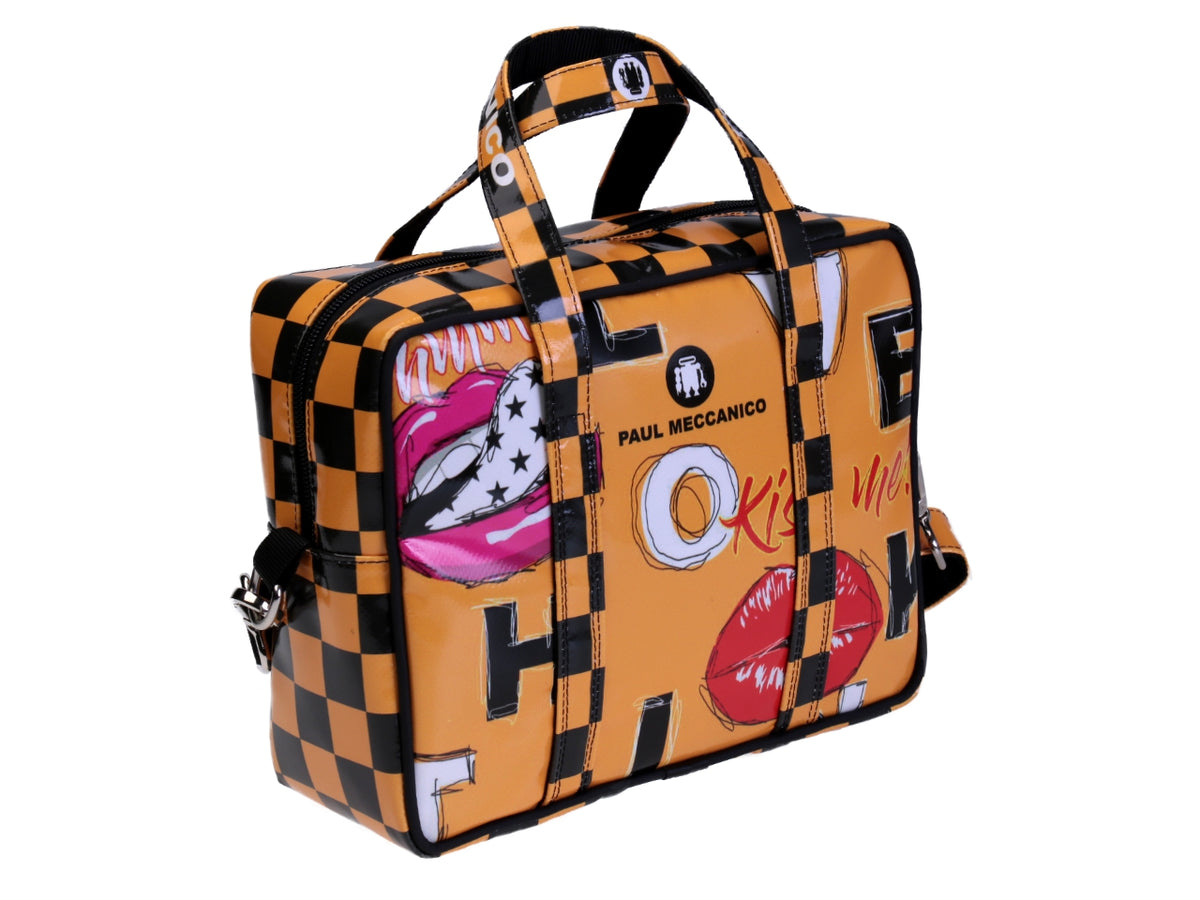 ORANGE RECTANGULAR WOMEN&#39;S BAG &quot;KISS ME&quot;. MODEL PINCA MADE OF LORRY TARPAULIN.