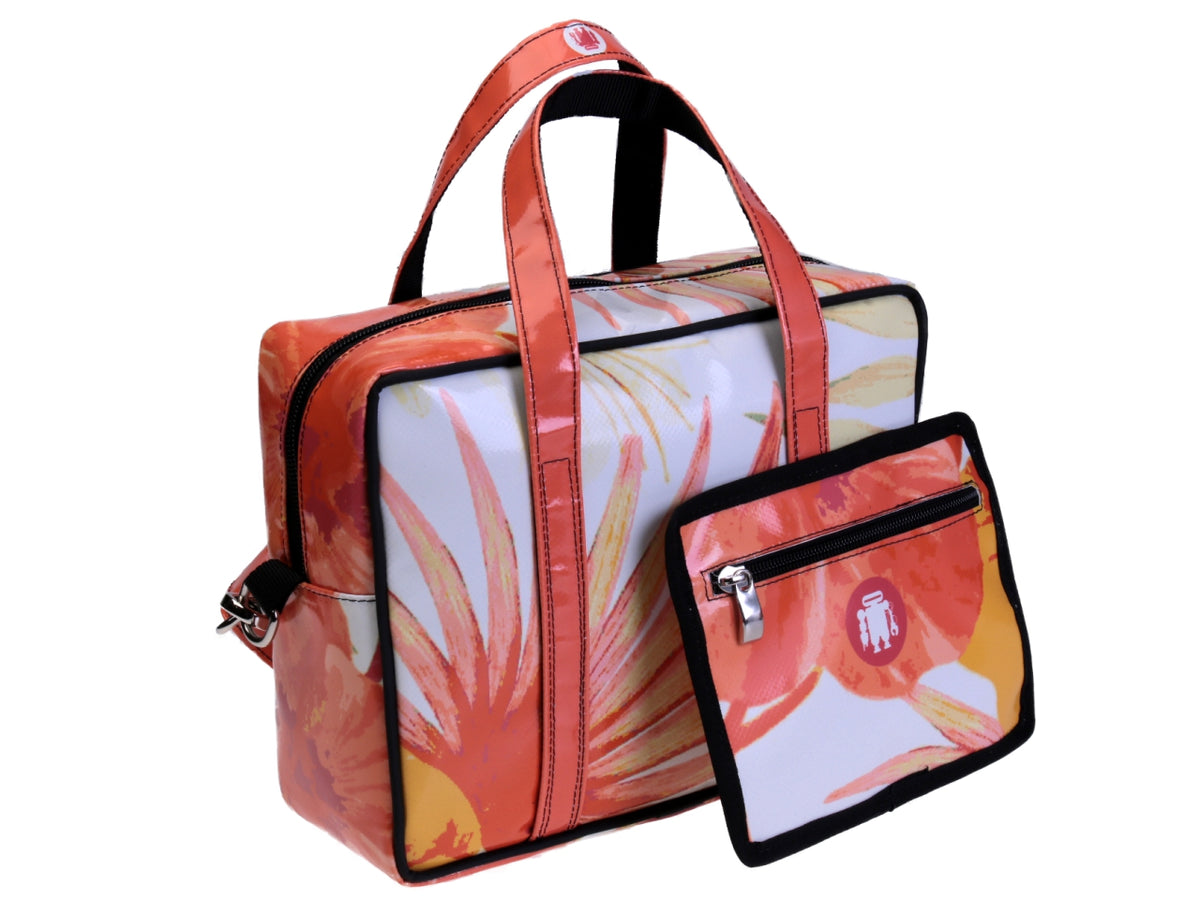 RECTANGULAR WOMEN&#39;S BAG WHITE AND ORANGE WITH FLORAL FANTASY. MODEL PINCA MADE OF LORRY TARPAULIN.