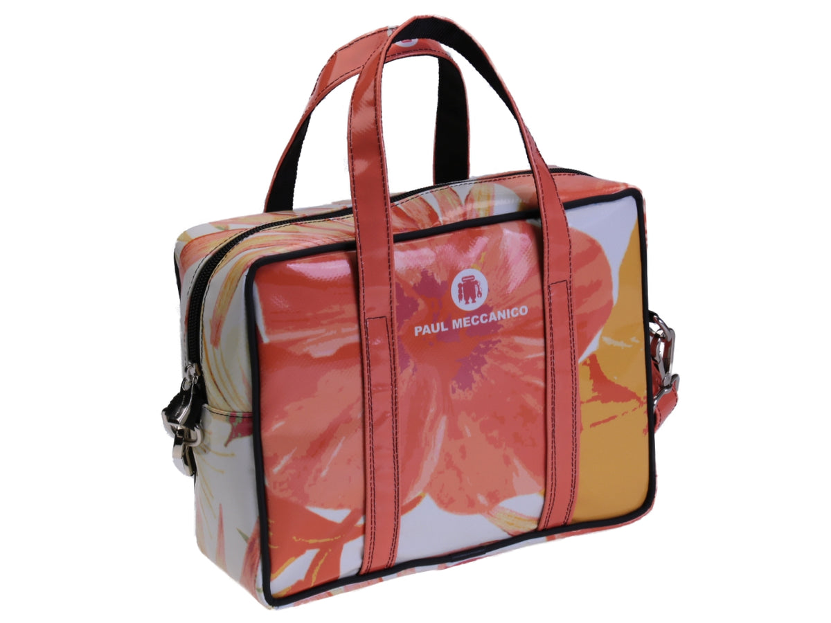 RECTANGULAR WOMEN&#39;S BAG WHITE AND ORANGE WITH FLORAL FANTASY. MODEL PINCA MADE OF LORRY TARPAULIN.