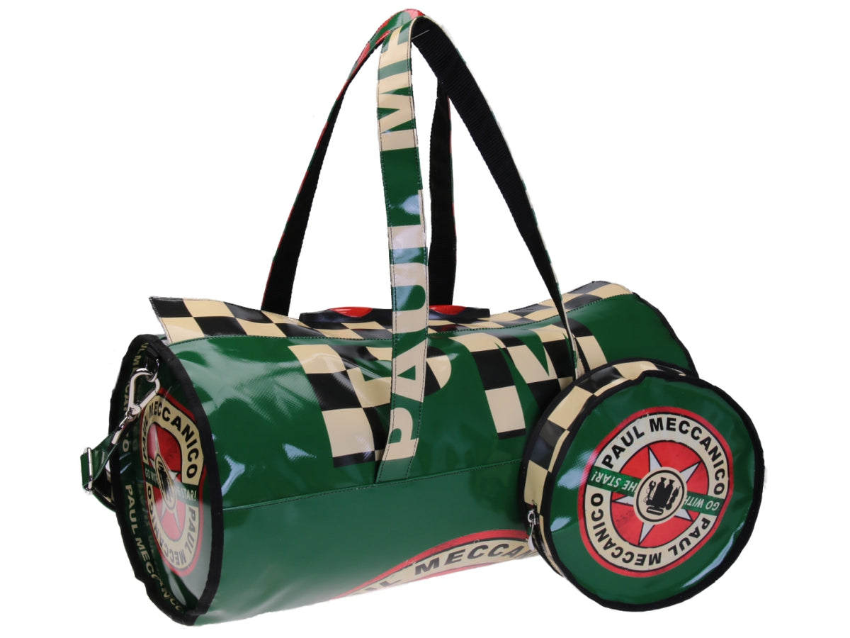 DARK GREEN GYM BAG &quot;GRAND PRIX&quot; STYLE. ROLLING MODEL MADE OF LORRY TARPAULIN.