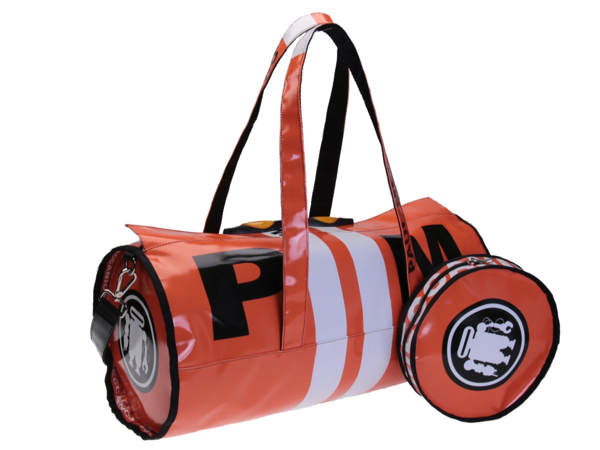 ORANGE AND WHITE SPORTS BAG. ROLLING MODEL MADE OF LORRY TARPAULIN.