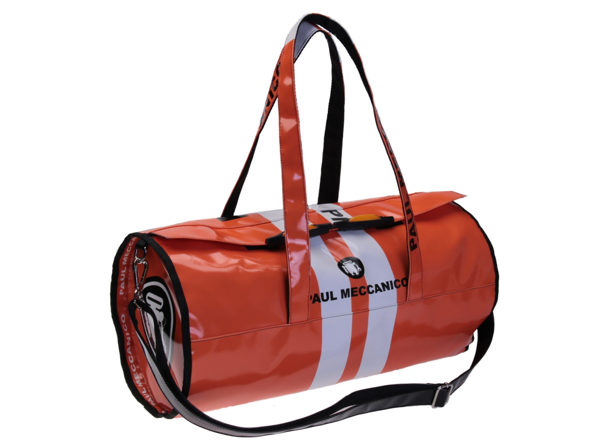 ORANGE AND WHITE SPORTS BAG. ROLLING MODEL MADE OF LORRY TARPAULIN.