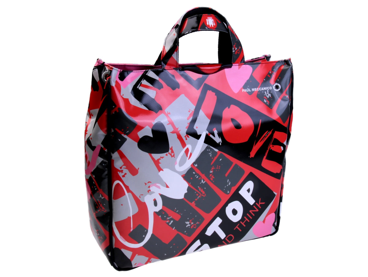 RED MAXI TOTE BAG &quot;LOVE&quot;. MODEL AIRSTONE MADE OF LORRY TARPAULIN.