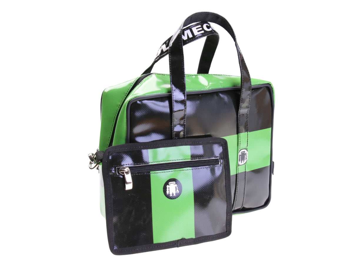 ....BLACK AND GREEN RECTANGULAR WOMEN&#39;S BAG. MODEL PINCA MADE OF LORRY TARPAULIN.